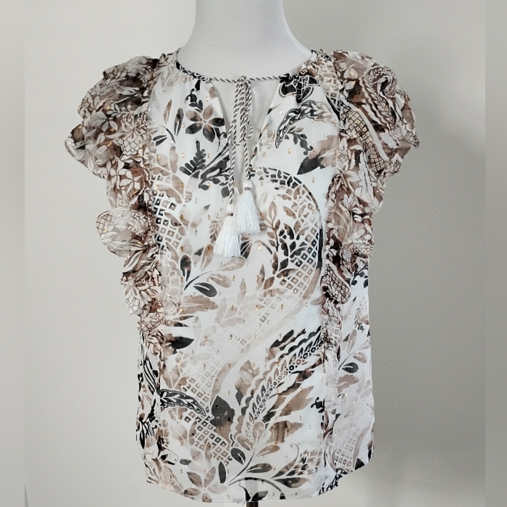 White House Black Market Floral Tassel Tie Blouse Size L